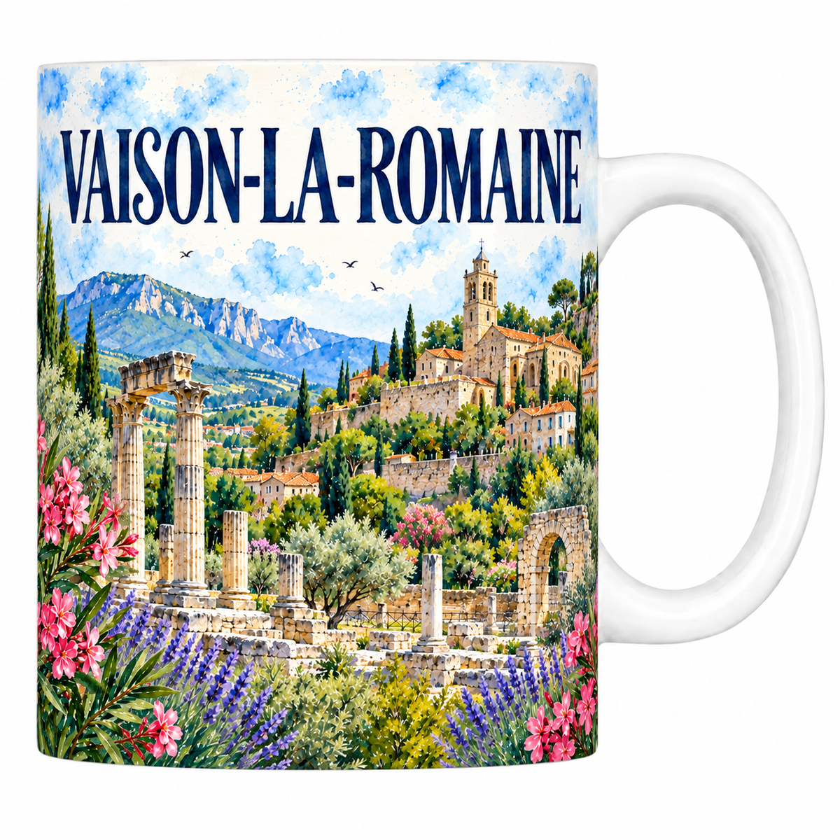 Mug blanc en céramique 330 ml illustré Vaison-la-Romaine à l'aquarelle : les colonnes romaines, la haute ville et le château