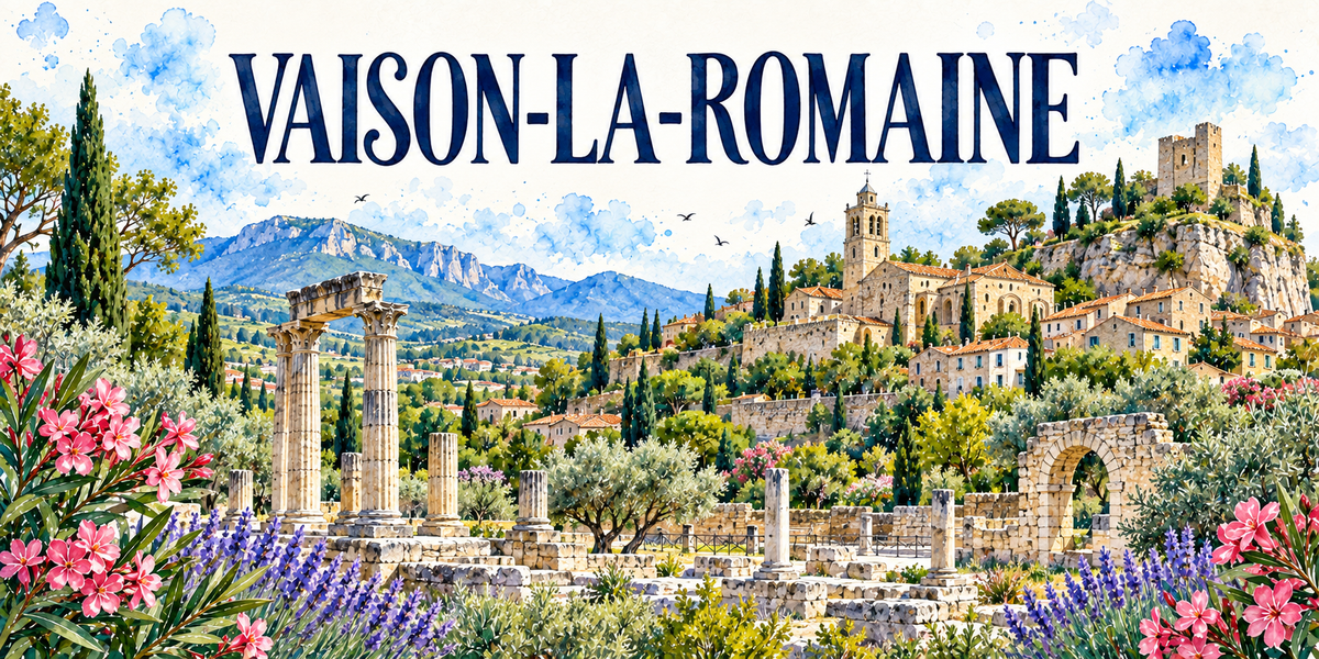Illustration aquarelle de Vaison-la-Romaine : colonnes romaines debout au milieu des fouilles, dallages et murets antiques, oliviers, haute ville de pierre en gradins, donjon du château des comtes de Toulouse au sommet du rocher, arche de pierre, cyprès et lavande
