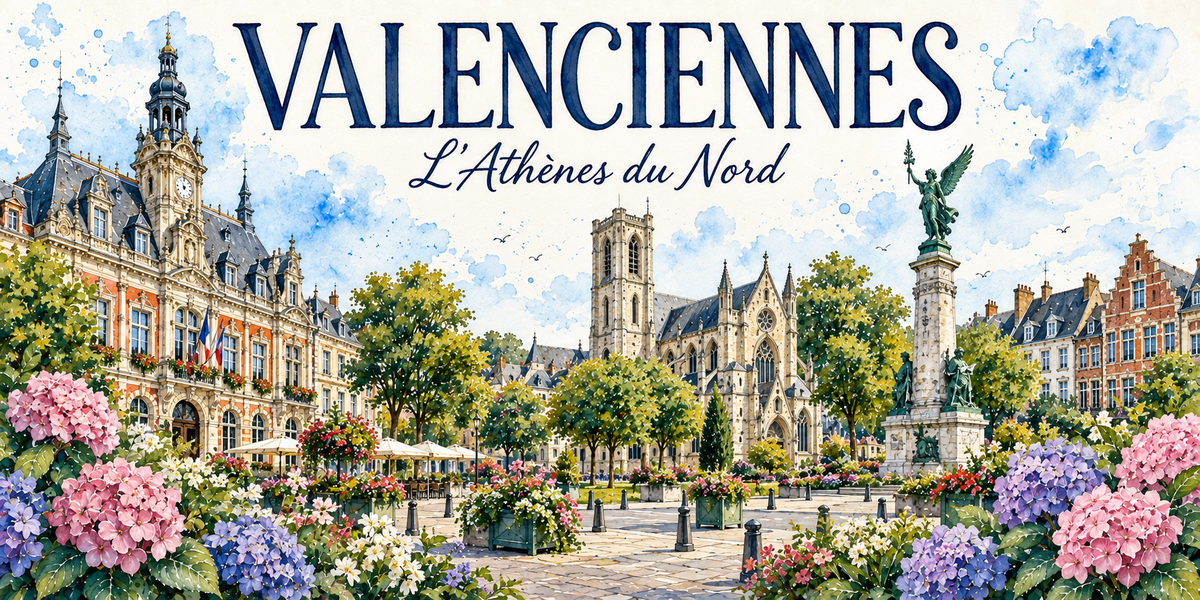 Valenciennes en aquarelle : hôtel de ville, clocher de Saint-Géry, colonne et maisons flamandes