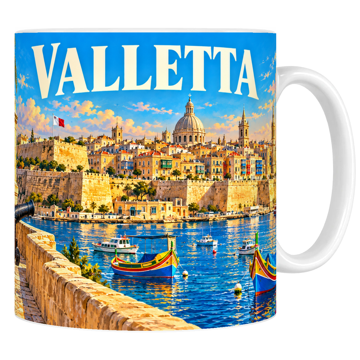Mug en céramique blanc 330 ml, affiche Valletta : bastions de calcaire, coupoles de La Valette, Grand Port et luzzu peints
