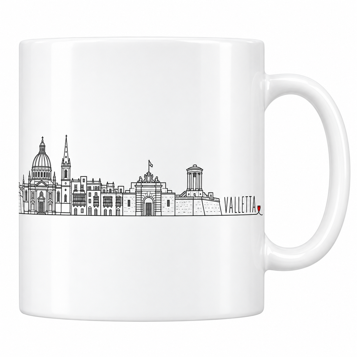 Mug blanc en céramique 330 ml illustré du skyline de Valletta au trait noir : la grande coupole de la basilique, la flèche de la cathédrale anglicane, les façades à balcons de bois fermés et la porte monumentale à armoiries