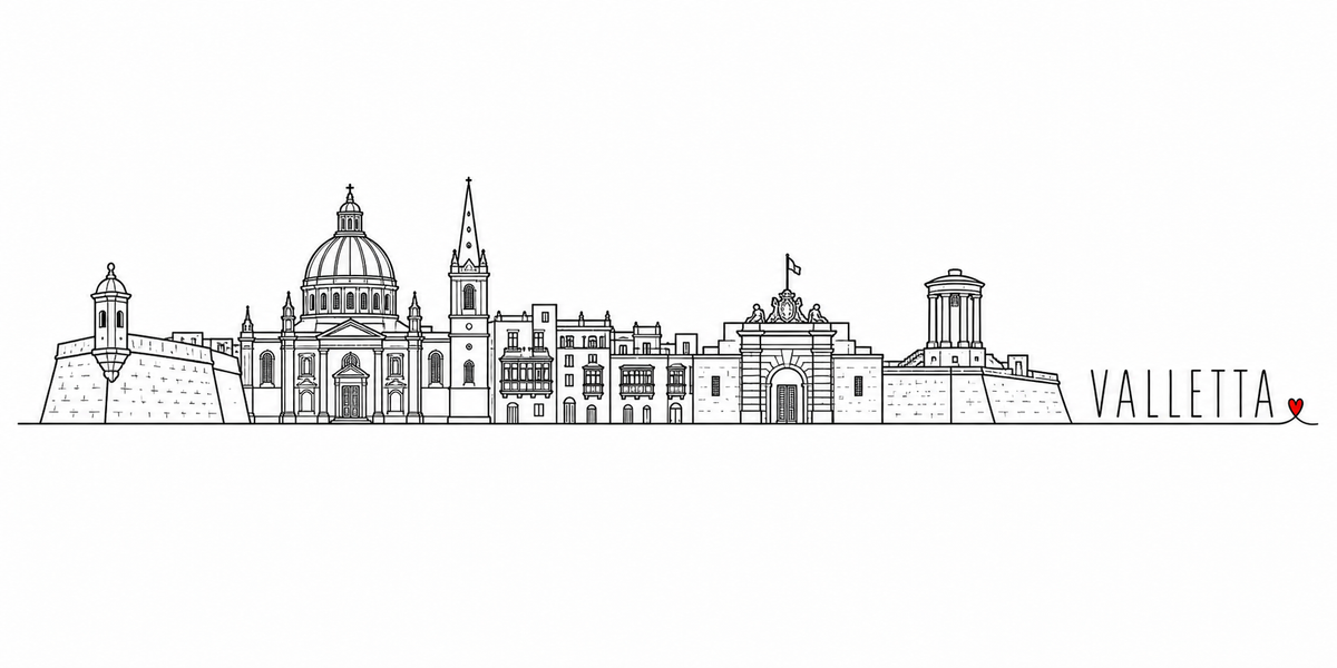 Skyline de Valletta dessiné au trait noir continu, de gauche à droite : le bastion de calcaire et sa guérite à toit pointu, la grande coupole de la basilique, la flèche de la cathédrale anglicane, les façades et leurs balcons de bois fermés, la porte monumentale à armoiries surmontée d'un drapeau, les remparts et le petit temple rond à colonnes sur son bastion — avec le nom VALLETTA en capitales espacées et un petit cœur rouge