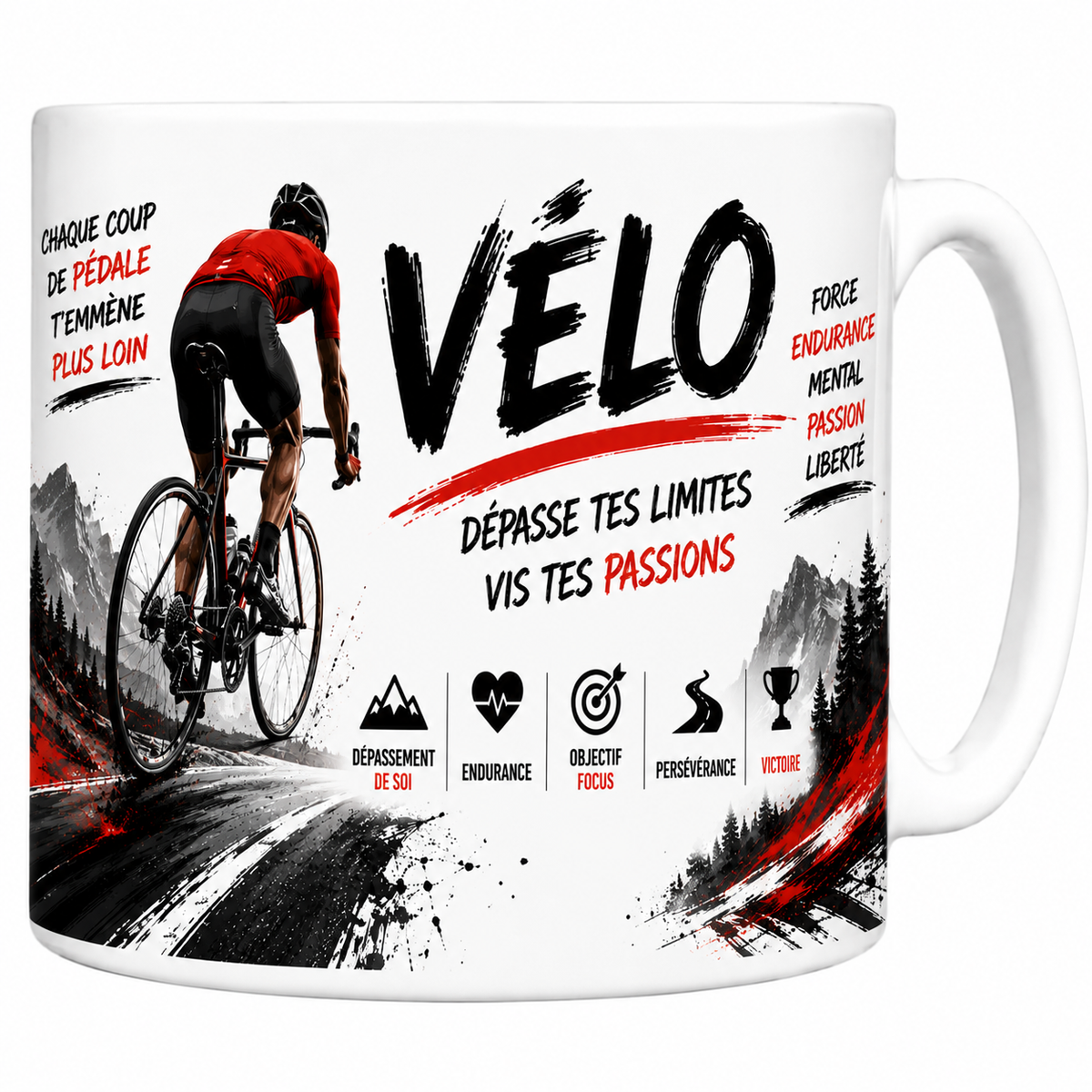 Mug céramique 330 ml vélo « Dépasse tes limites, vis tes passions » : cycliste de route et montagnes
