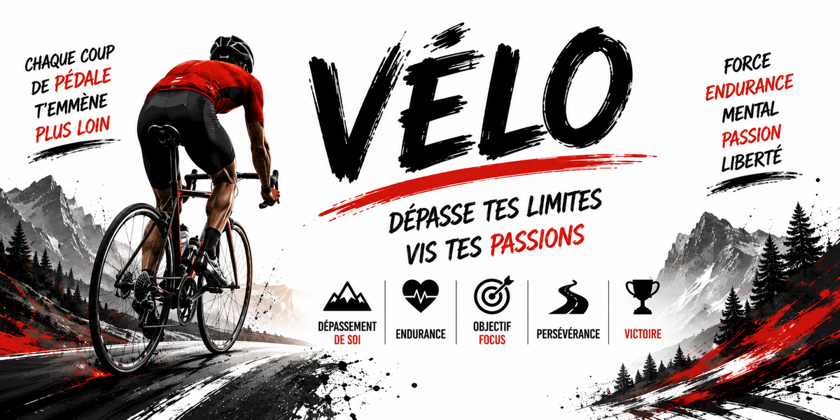 Visuel vélo « Dépasse tes limites, vis tes passions » : cycliste en maillot rouge, force, endurance, liberté