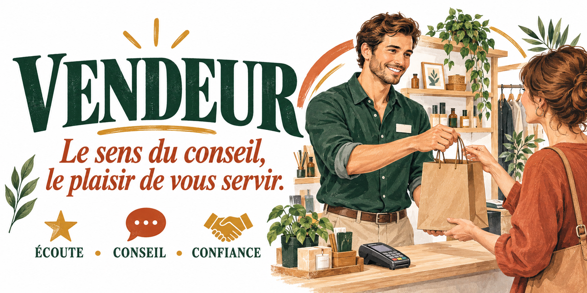 Visuel vendeur : le mot VENDEUR en grandes capitales vert sapin à liseré doré sur fond crème, la devise manuscrite bordeaux Le Sens du Conseil, le Plaisir de Vous Servir, trois pastilles dessinées — une étoile dorée écoute, une bulle de dialogue bordeaux conseil, une poignée de main dorée confiance —, un vendeur souriant en chemise vert foncé à badge tendant un sac kraft à une cliente de dos en pull terracotta, comptoir en bois, terminal de paiement, plantes vertes et rayonnages de produits
