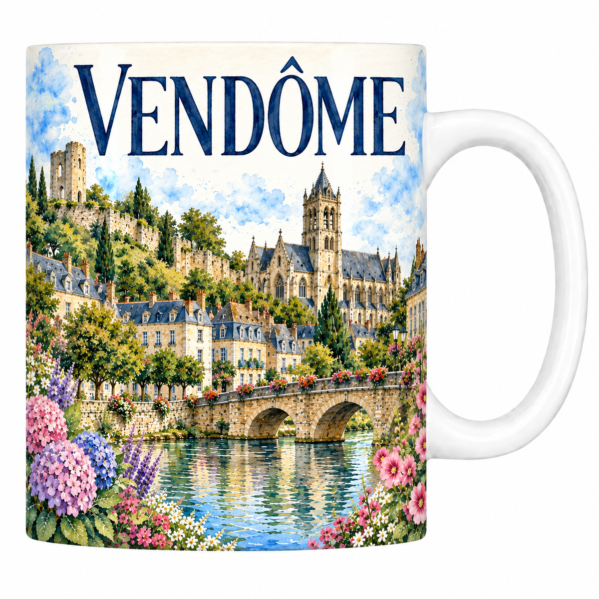 Mug céramique 330 ml Vendôme : l'abbatiale de la Trinité et le Loir en aquarelle