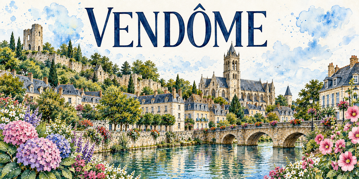 Vendôme en aquarelle : ruines du château, clocher roman, abbatiale de la Trinité et pont sur le Loir