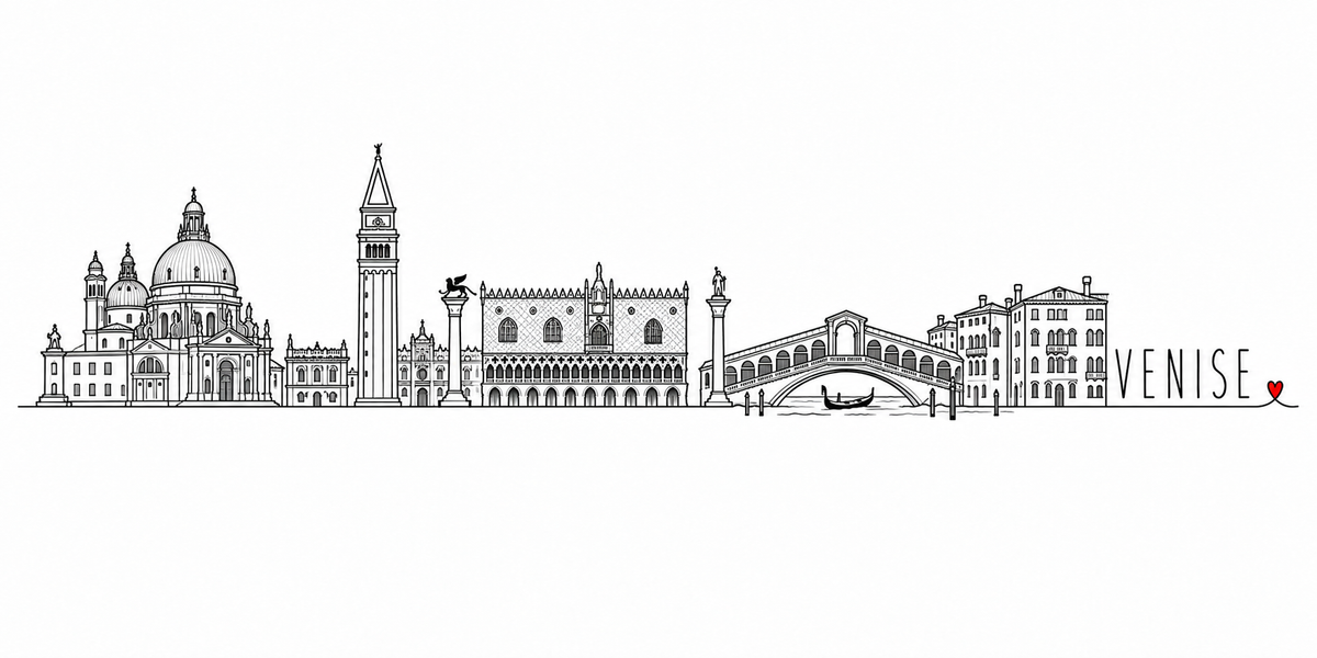 Skyline de Venise dessiné au trait noir continu, de gauche à droite : Santa Maria della Salute et sa coupole à volutes, campanile de Saint-Marc, les deux colonnes de la Piazzetta avec le lion ailé et saint Théodore, Palais des Doges, pont du Rialto et une gondole, palais du Grand Canal — avec le nom VENISE en capitales espacées et un petit cœur rouge