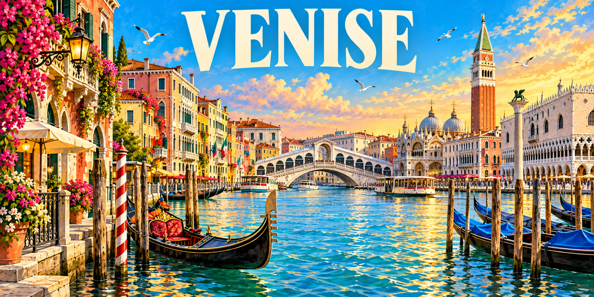 Visuel « VENISE » : Rialto, gondoles amarrées, campanile Saint-Marc et Palais des Doges