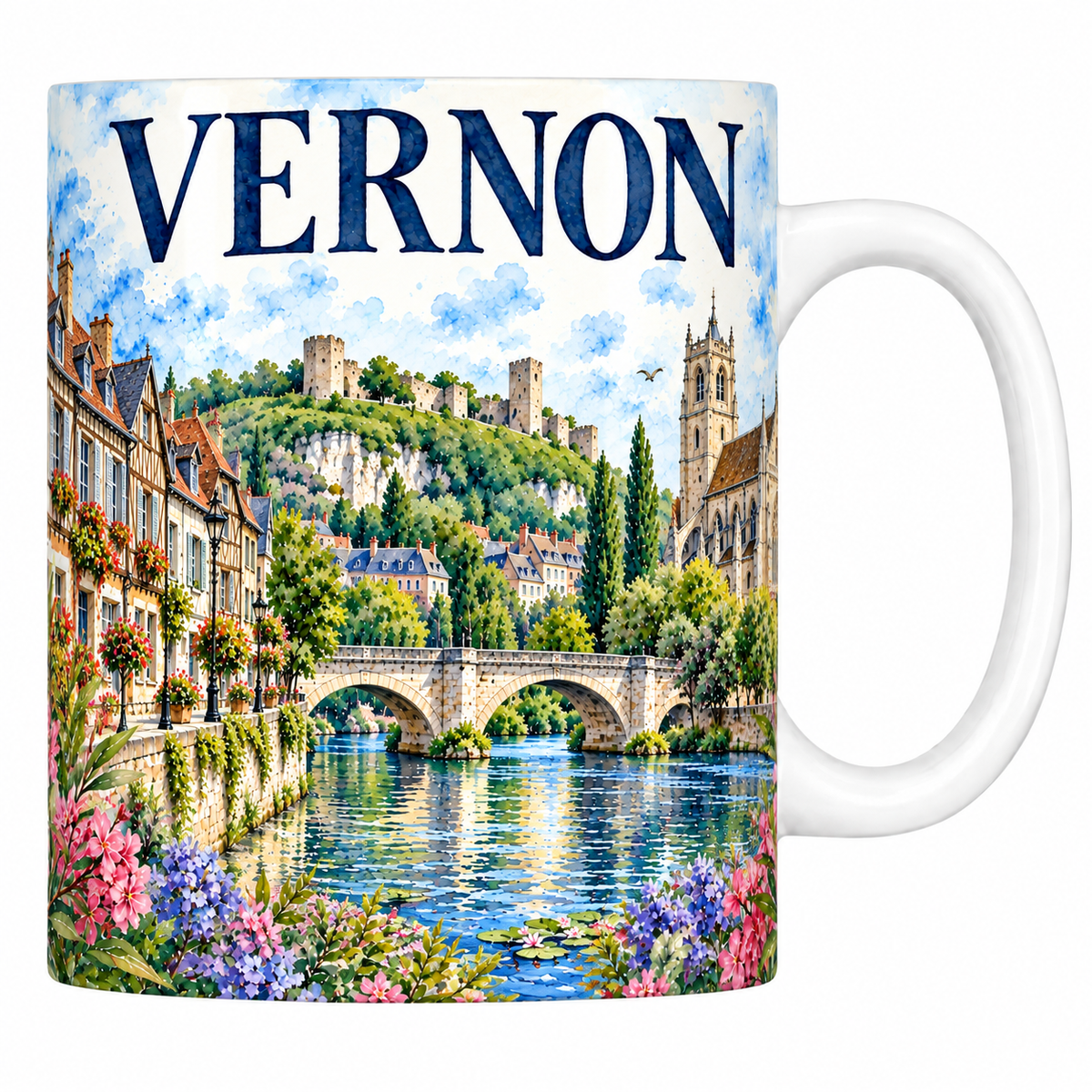 Mug blanc en céramique 330 ml illustré Vernon à l'aquarelle : le vieux pont sur la Seine, la collégiale et la butte