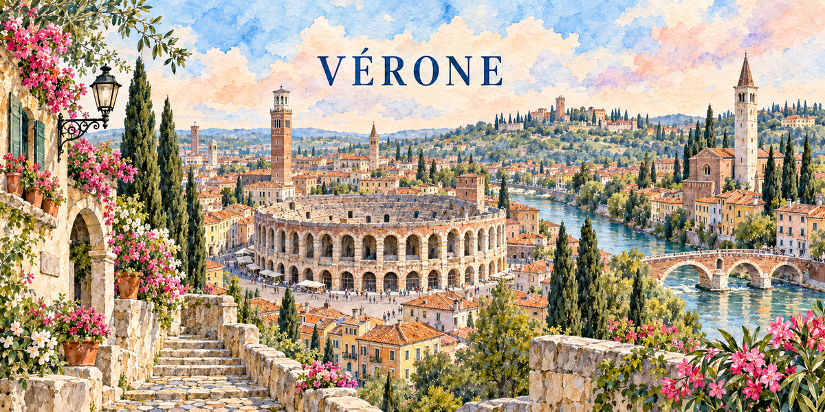 Aquarelle de Vérone : Arènes romaines, tour des Lamberti, Ponte Pietra et Adige