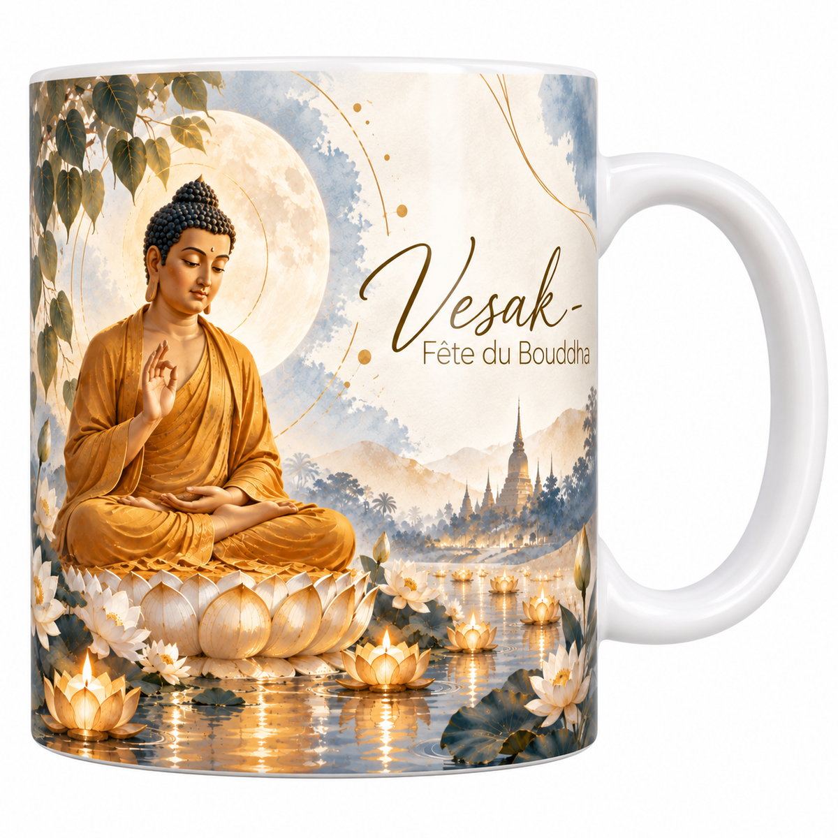 Mug céramique blanche 330 ml illustré de Vesak à l'aquarelle, le Bouddha assis en méditation sur un lotus blanc en robe safran, la main levée, une pleine lune immense derrière lui, des lanternes flottantes et des lotus sur l'eau, et le titre Vesak - Fête du Bouddha en lettres dorées