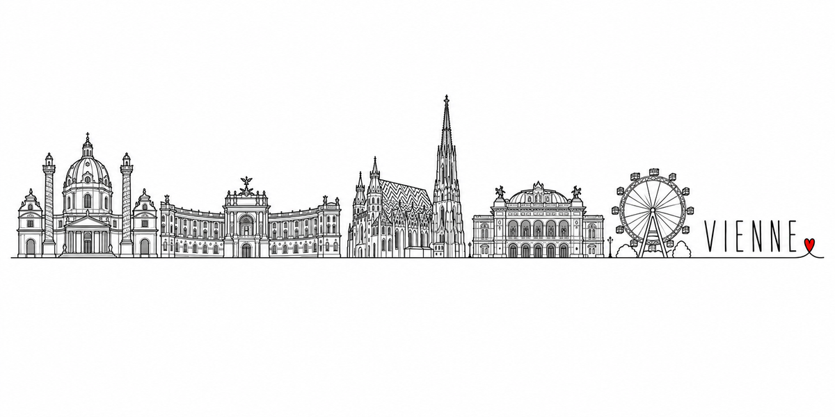 Skyline de Vienne dessiné au trait noir continu, de gauche à droite : Karlskirche et sa coupole entre deux colonnes sculptées, façade courbe de la Hofburg, flèche de la cathédrale Saint-Étienne et son toit en chevrons, Opéra et ses arcades, grande roue du Prater — avec le nom VIENNE en capitales espacées et un petit cœur rouge