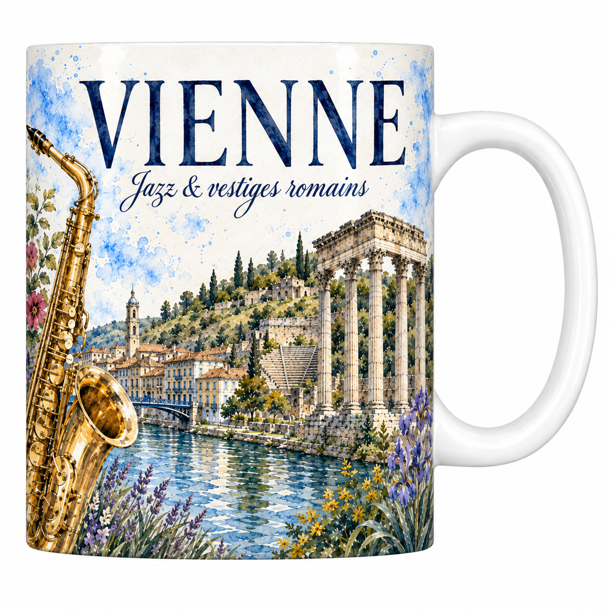 Mug céramique 330 ml « VIENNE — Jazz & vestiges romains » : temple romain et saxophone