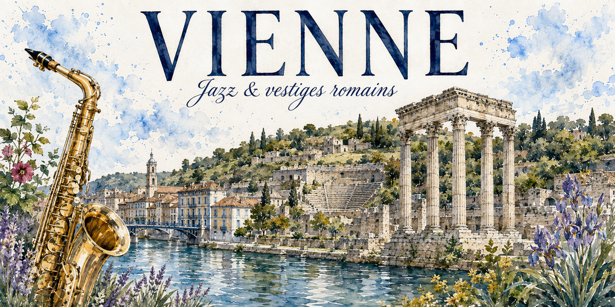 Visuel aquarelle « VIENNE — Jazz & vestiges romains » : temple d'Auguste et Livie, Rhône et saxophone
