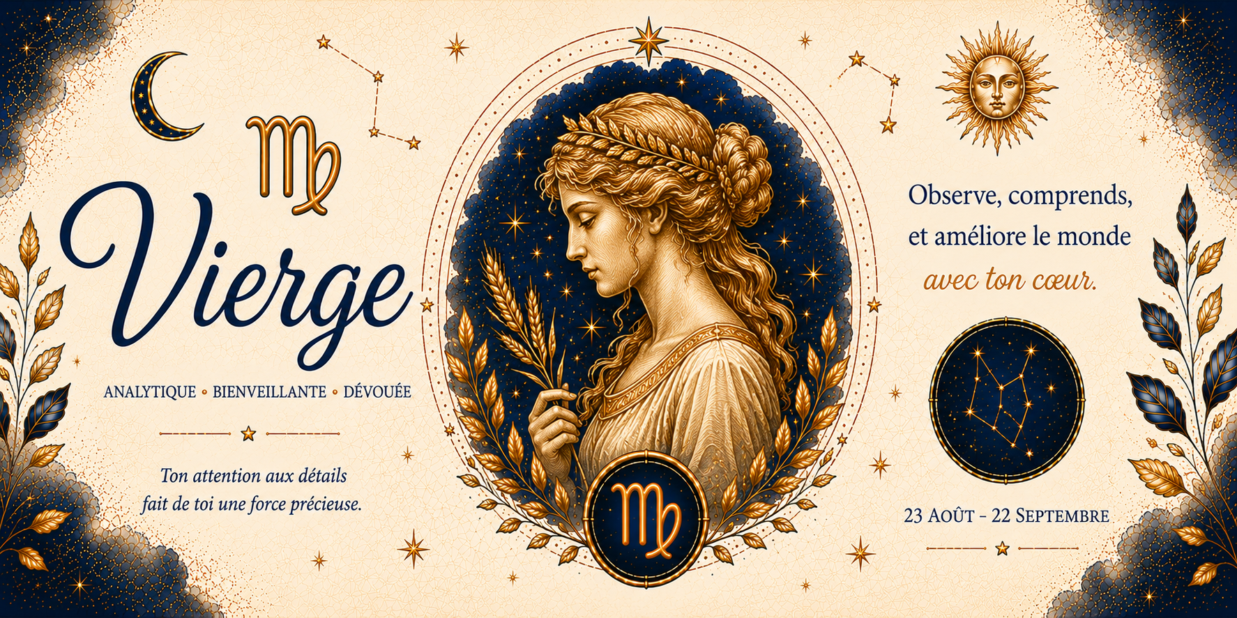 Visuel Vierge, signe de Terre : analytique, bienveillante, dévouée, constellation et 23 août - 22 septembre