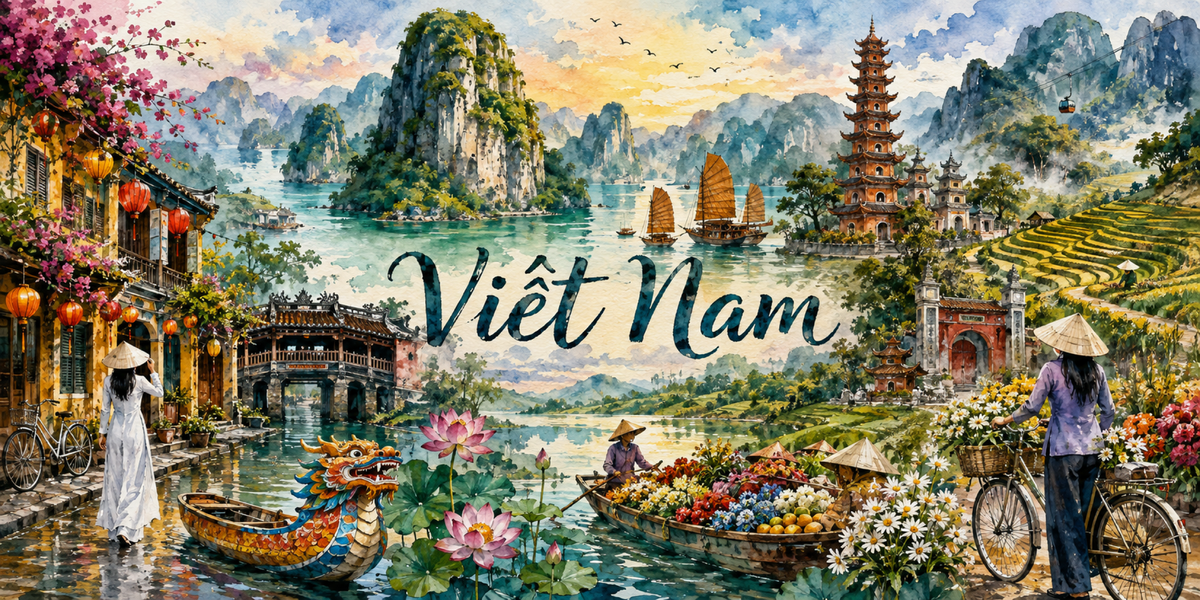 Visuel Vietnam aquarelle : baie d'Along, lanternes de Hoi An, marché flottant et rizières