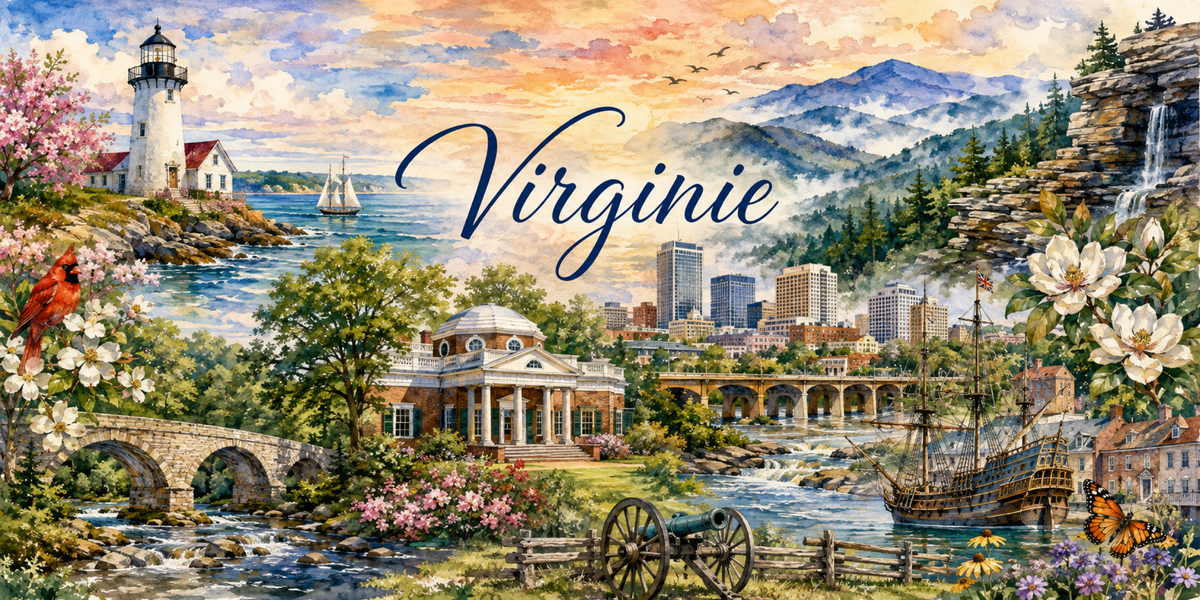 Aquarelle Virginie : Monticello, Richmond, Blue Ridge Mountains, galion et cornouillers roses
