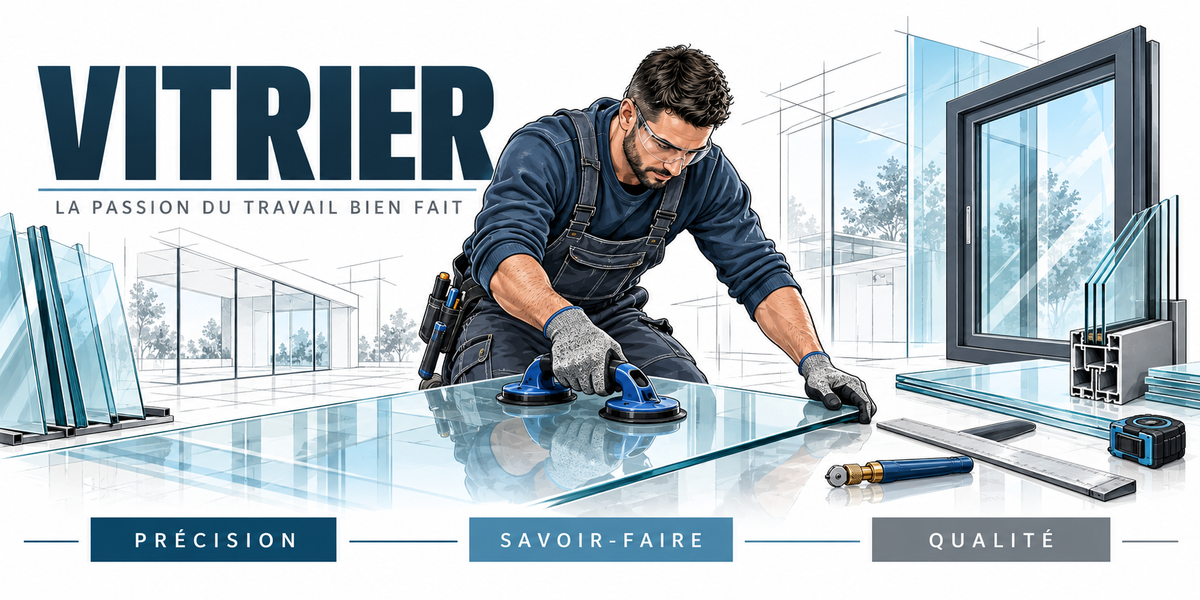 Illustration vitrier : homme à lunettes de protection manipulant une grande plaque de verre à l'aide de ventouses doubles, panneaux de verre empilés, fenêtre vitrée, coupe-verre et profilés