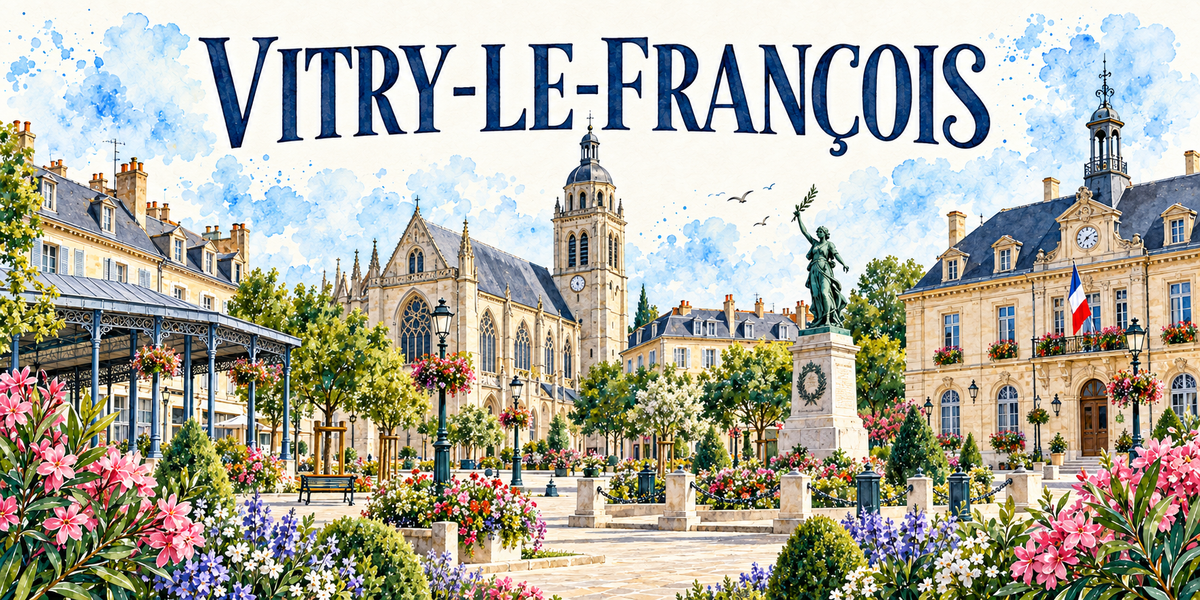 Illustration aquarelle de Vitry-le-François : kiosque à musique, collégiale Notre-Dame et son dôme classique, monument à statue sur haut socle, hôtel de ville à horloge et toit d'ardoise, drapeau, platanes et fleurs roses