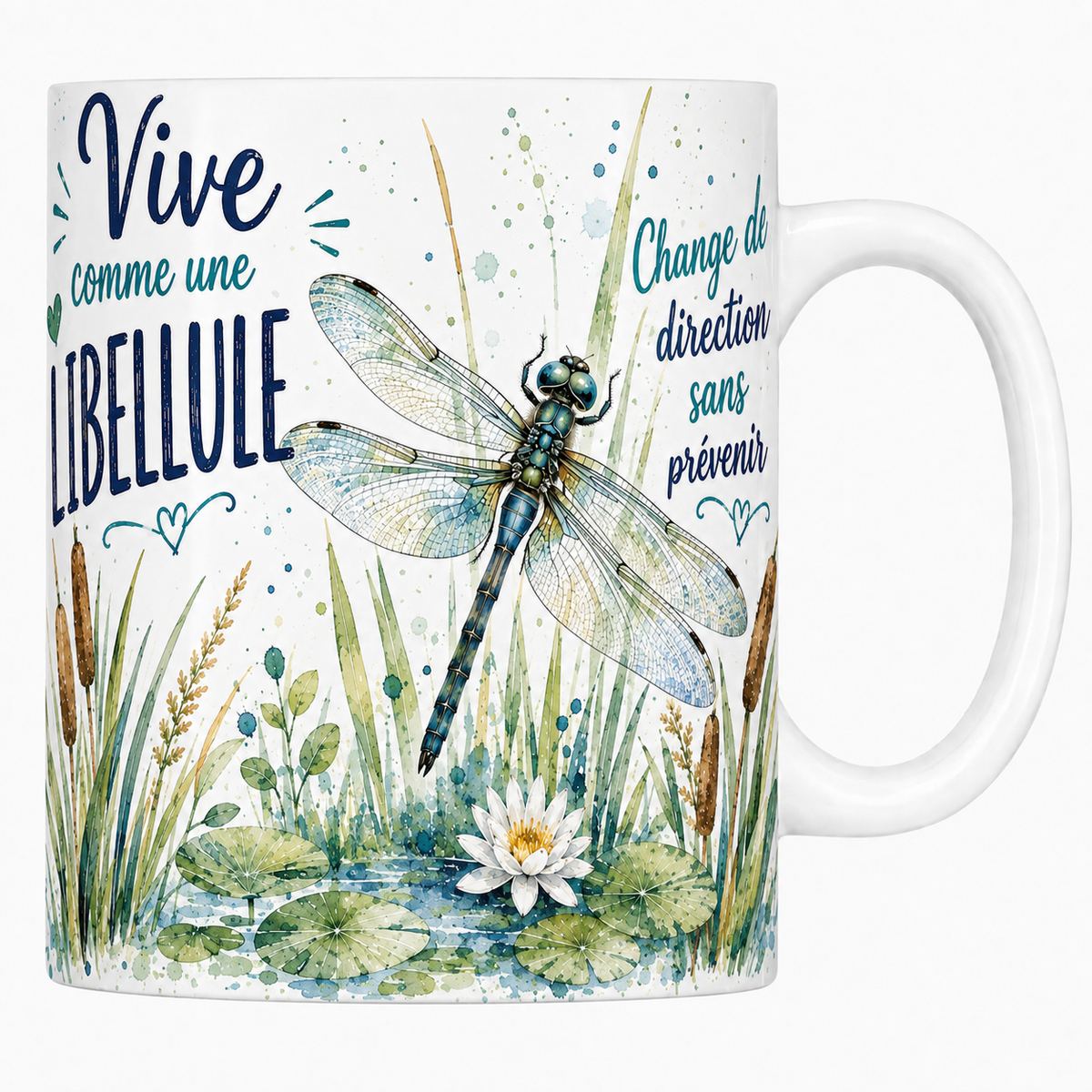 Mug céramique blanc « Vive comme une libellule », libellule au bord de la mare à l'aquarelle