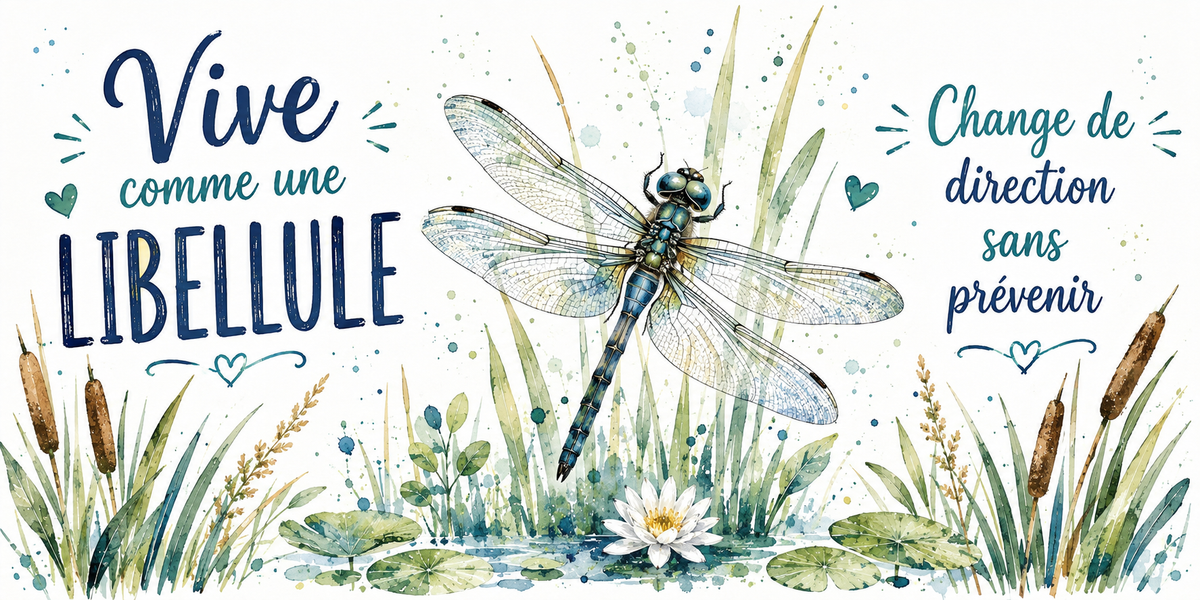 Libellule sur une tige au bord d'une mare à l'aquarelle : « Vive. Change de direction sans prévenir »
