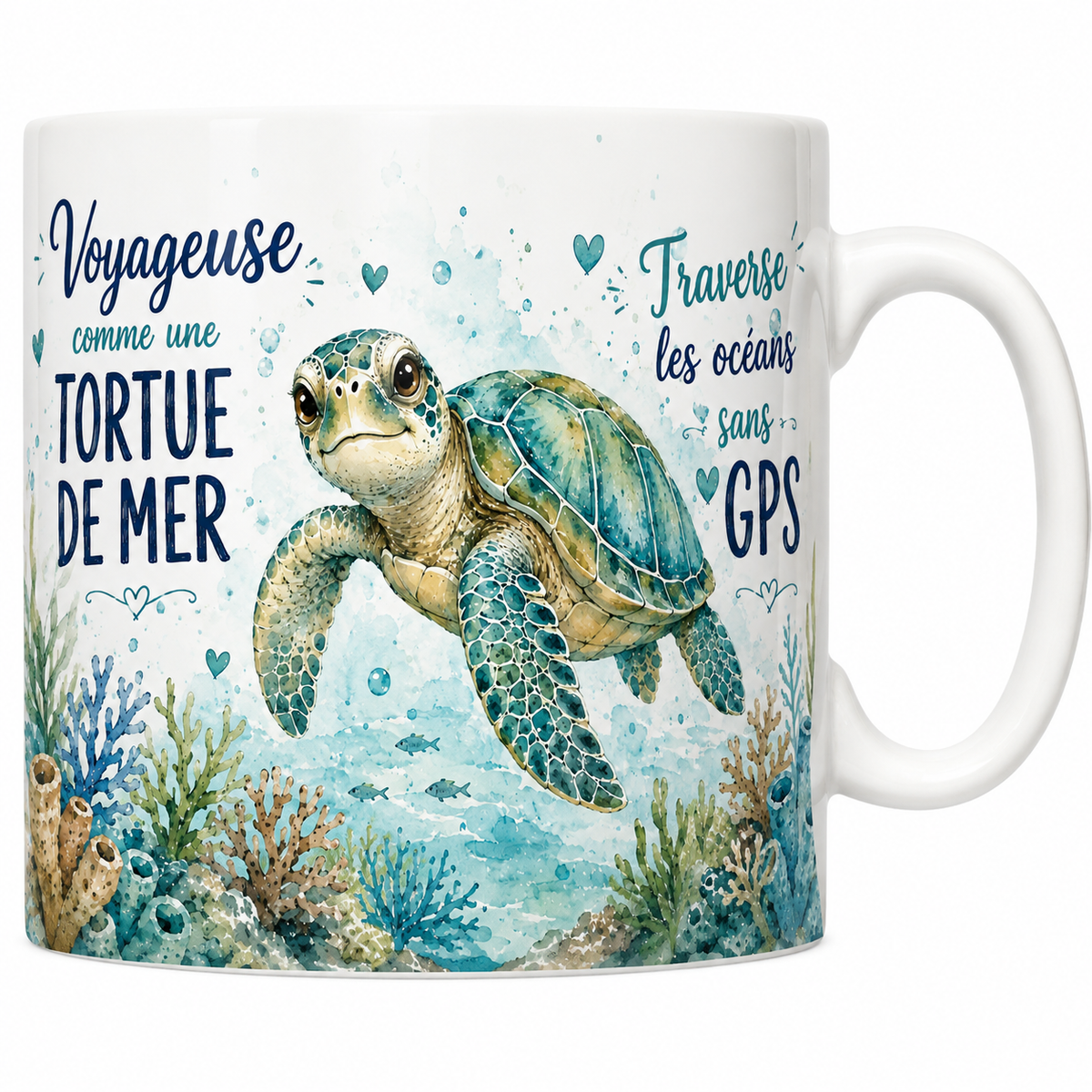 Mug céramique blanc « Voyageuse comme une tortue de mer », tortue verte et coraux à l'aquarelle