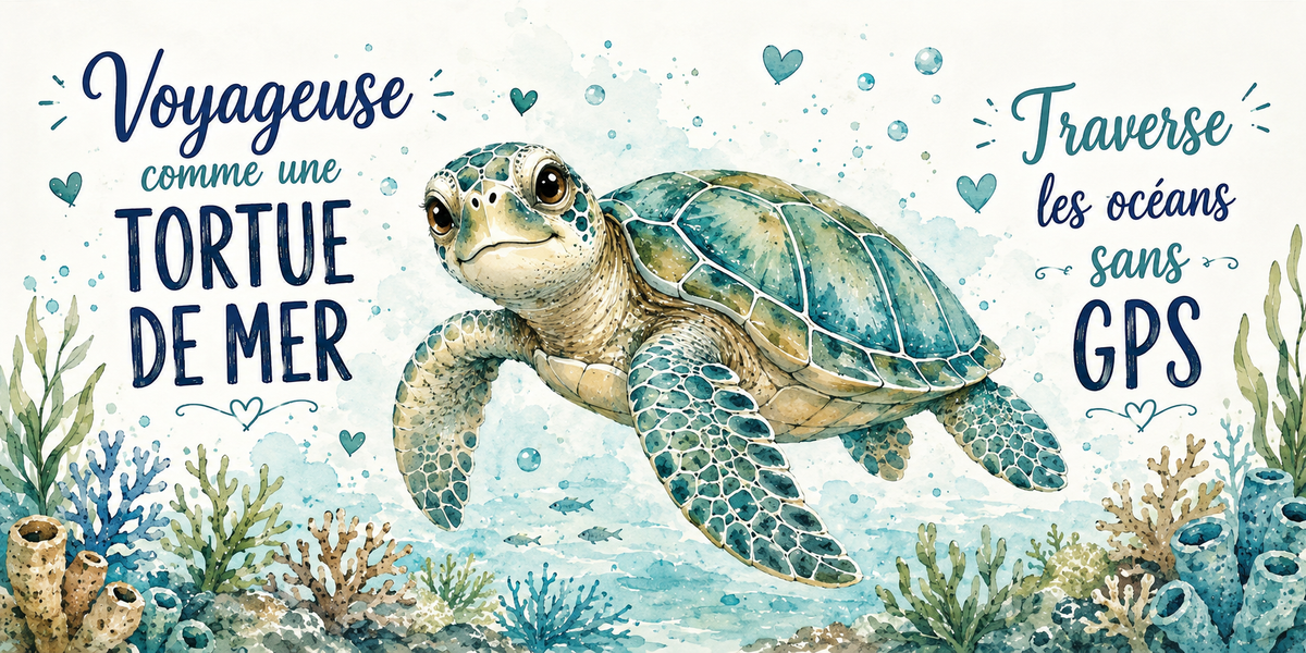 Tortue verte au-dessus d'un récif à l'aquarelle : « Voyageuse comme une tortue de mer. Sans GPS »
