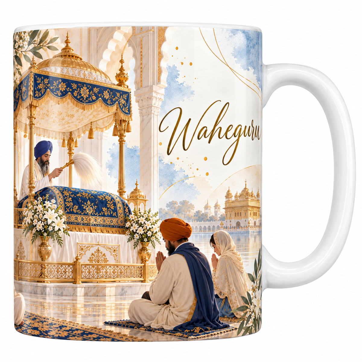Mug céramique blanche 330 ml illustré de Waheguru à l'aquarelle, le granthi en turban bleu agitant le chaur au-dessus du livre sacré sous son baldaquin doré, des fidèles assis mains jointes, le Temple d'Or au loin et le titre Waheguru en lettres dorées