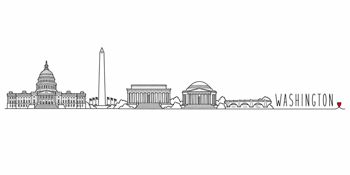 Skyline de Washington D.C. dessiné au trait noir continu, de gauche à droite : Capitole, obélisque du Washington Monument, Lincoln Memorial, Jefferson Memorial, pont à arches, cerisiers — avec le nom WASHINGTON en capitales espacées et un petit cœur rouge