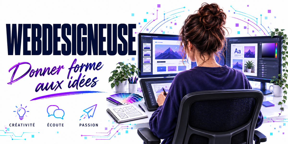 Visuel webdesigneuse : le mot WEBDESIGNEUSE en capitales bleu marine sur fond blanc à circuits imprimés bleus et violets, la phrase manuscrite violette Donner Forme aux Idées, une webdesigneuse en sweat violet foncé, chignon, assise de trois quarts dos, stylet sur une tablette graphique, deux écrans affichant une maquette de page et un panneau de typographie, carnet de croquis de gabarits, nuancier en éventail, trois pastilles — créativité, écoute, passion