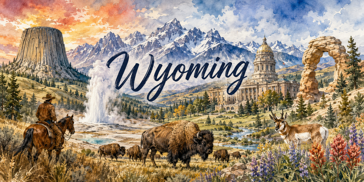 Aquarelle Wyoming : Devils Tower, Grand Teton, geyser Old Faithful, cowboy et troupeau de bisons