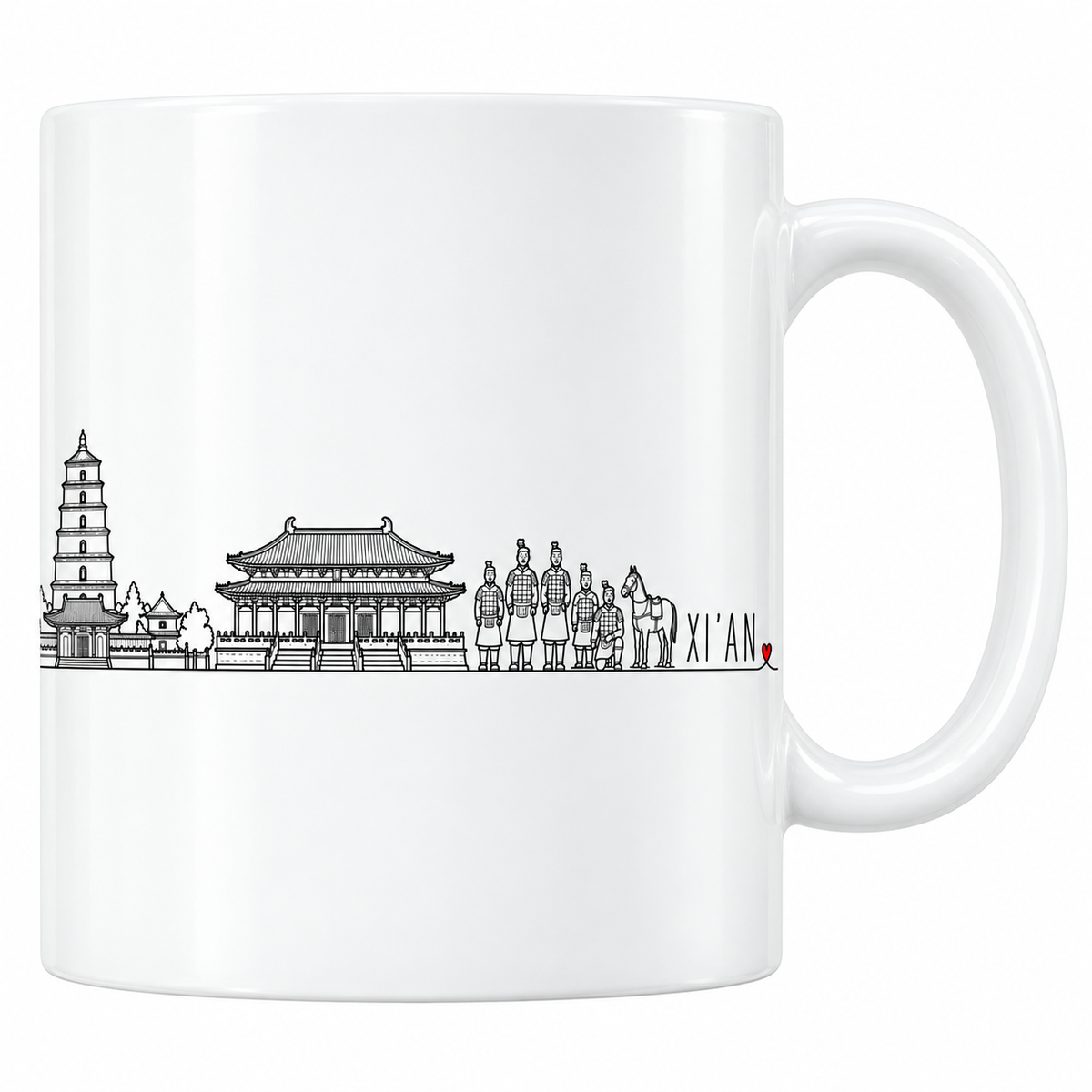 Mug blanc en céramique 330 ml illustré du skyline de Xi'an au trait noir : la Grande pagode de l'oie sauvage et ses sept étages, les pavillons du temple, la grande salle à double toit et les guerriers de terre cuite