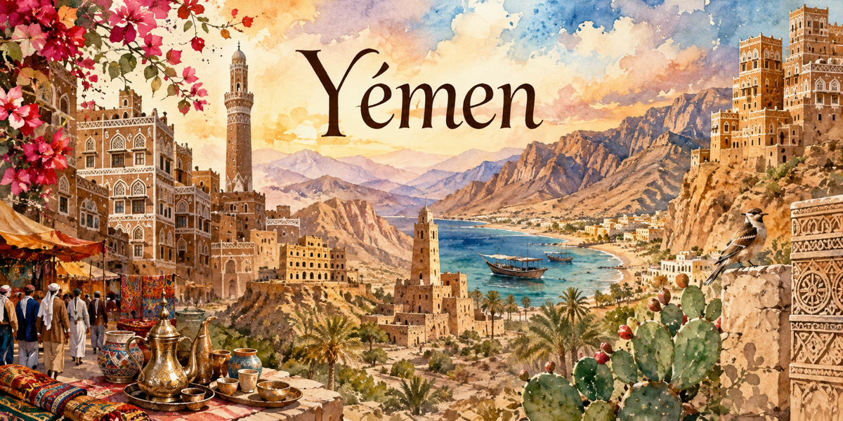 Visuel Yémen aquarelle : maisons-tours de Sanaa, souk aux cuivres, village perché et boutre
