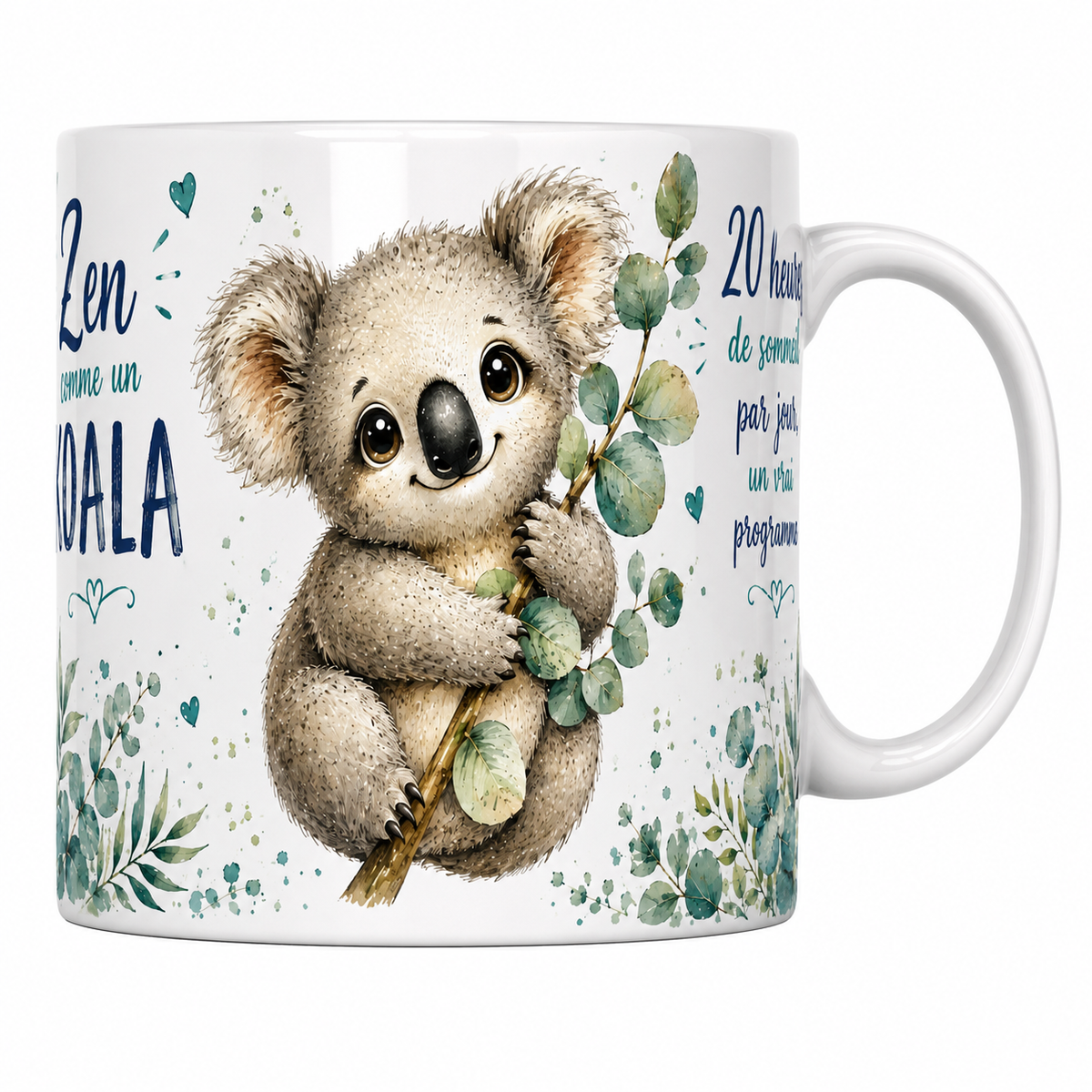 Mug céramique 330 ml « Zen comme un koala » : koala accroché à son eucalyptus