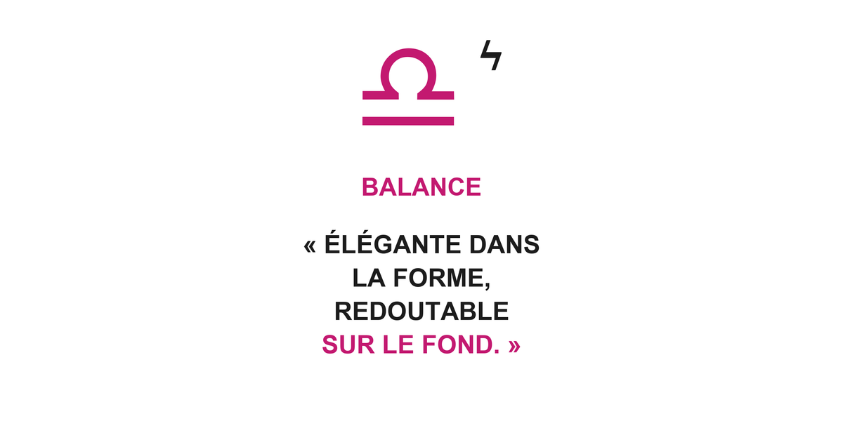 Visuel à plat du mug Balance Zodiaque Audace : symbole ♎, éclair, nom BALANCE et phrase en capitales bold