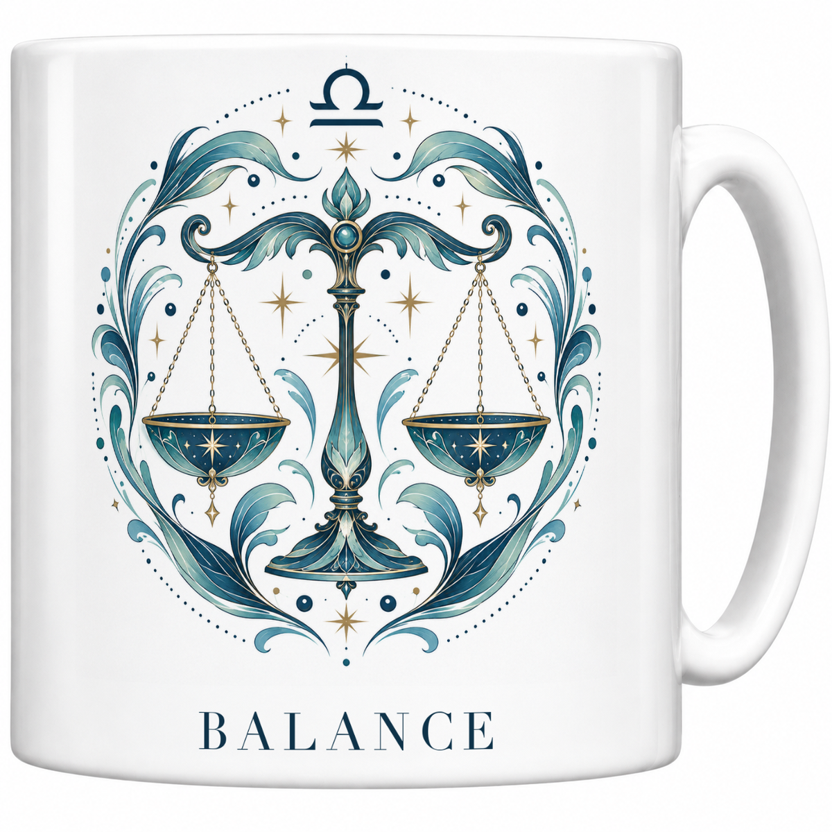 Mug blanc céramique 330 ml signe Balance ♎ : illustration céleste bleu et or, nom BALANCE en capitales