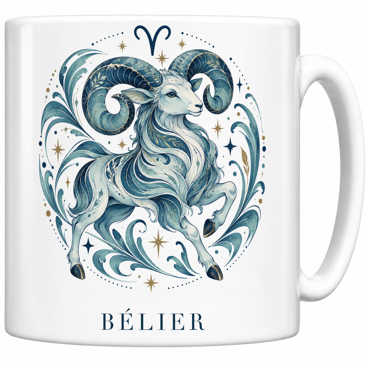 Mug blanc céramique 330 ml signe Bélier ♈ : illustration céleste bleu et or, nom BÉLIER en capitales