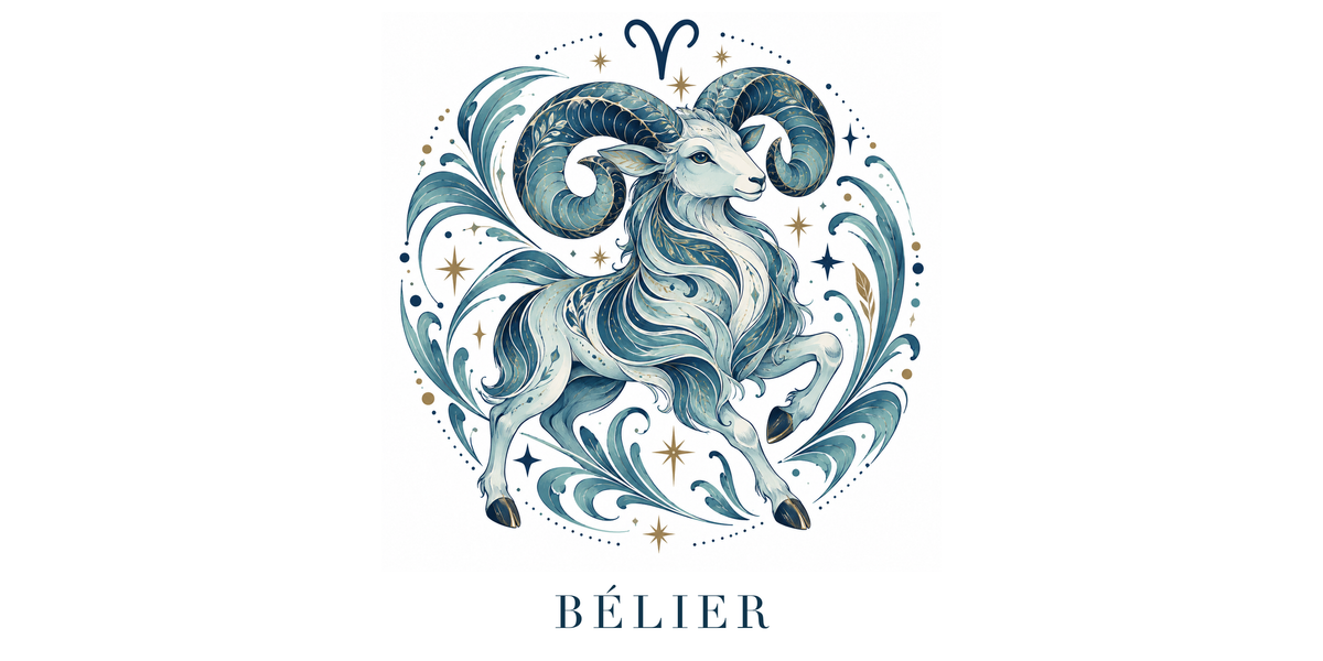 Visuel à plat du mug Bélier Zodiaque Céleste : un bélier majestueux aux grandes cornes enroulées, symbole ♈ et nom BÉLIER