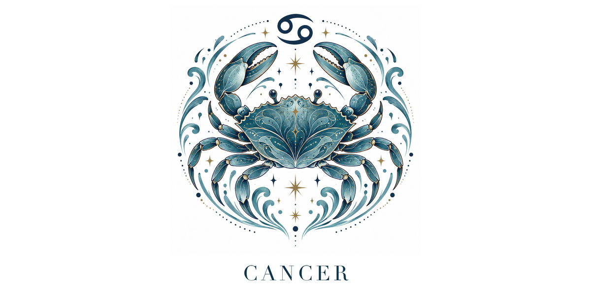 Visuel à plat du mug Cancer Zodiaque Céleste : un crabe finement ciselé entre vagues et étoiles, symbole ♋ et nom CANCER