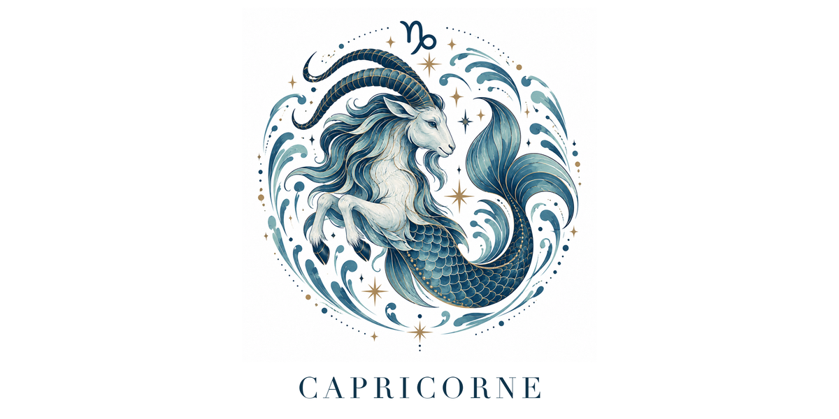 Visuel à plat du mug Capricorne Zodiaque Céleste : une chèvre-poisson mythique, mi-terre mi-océan, symbole ♑ et nom CAPRICORNE