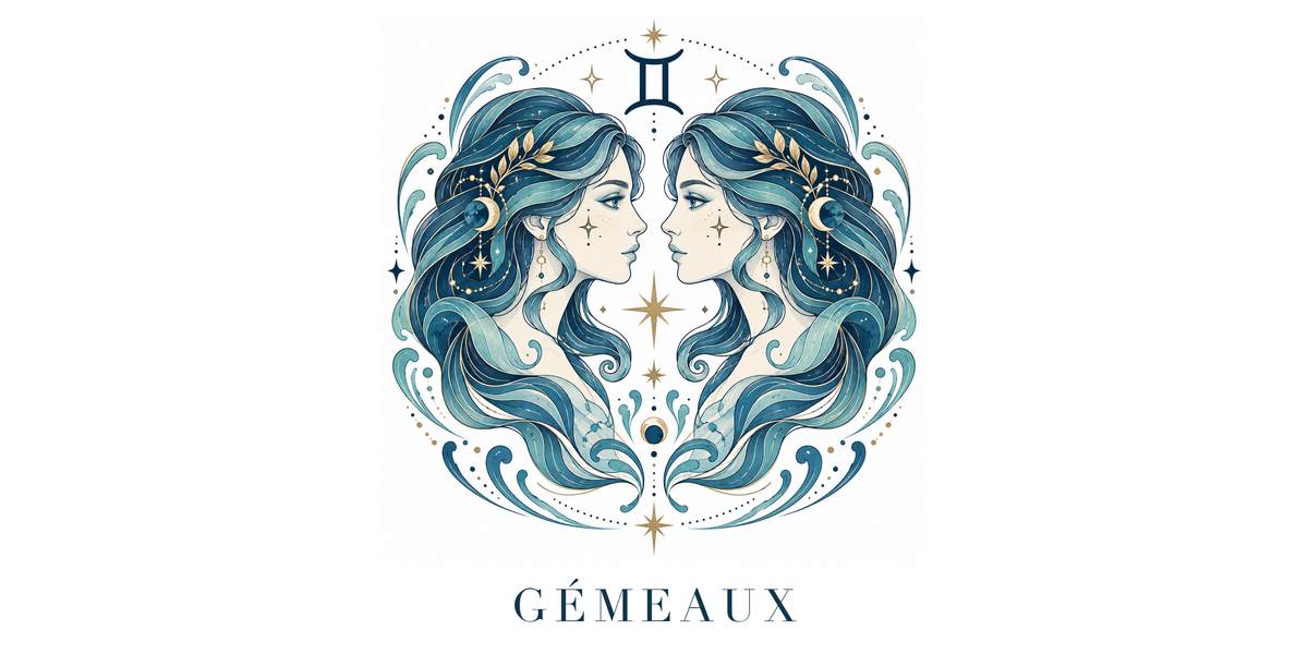 Visuel à plat du mug Gémeaux Zodiaque Céleste : deux visages jumeaux face à face, chevelures en volutes, symbole ♊ et nom GÉMEAUX