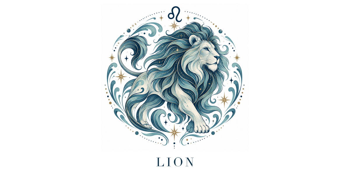Visuel à plat du mug Lion Zodiaque Céleste : un lion à la crinière ondoyante, regard fier, symbole ♌ et nom LION