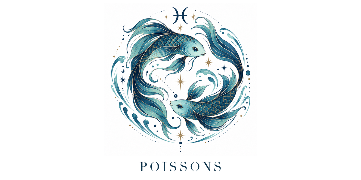 Visuel à plat du mug Poissons Zodiaque Céleste : deux poissons enlacés nageant en sens contraire, symbole ♓ et nom POISSONS