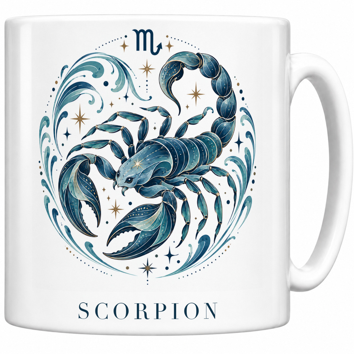 Mug blanc céramique 330 ml signe Scorpion ♏ : illustration céleste bleu et or, nom SCORPION en capitales