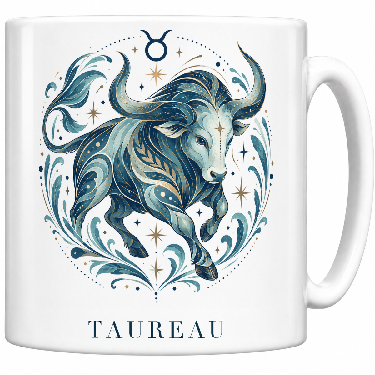 Mug blanc céramique 330 ml signe Taureau ♉ : illustration céleste bleu et or, nom TAUREAU en capitales