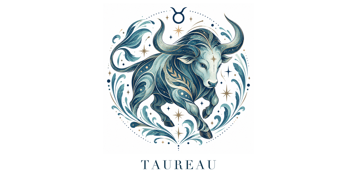 Visuel à plat du mug Taureau Zodiaque Céleste : un taureau puissant et élégant, cornes dressées, symbole ♉ et nom TAUREAU