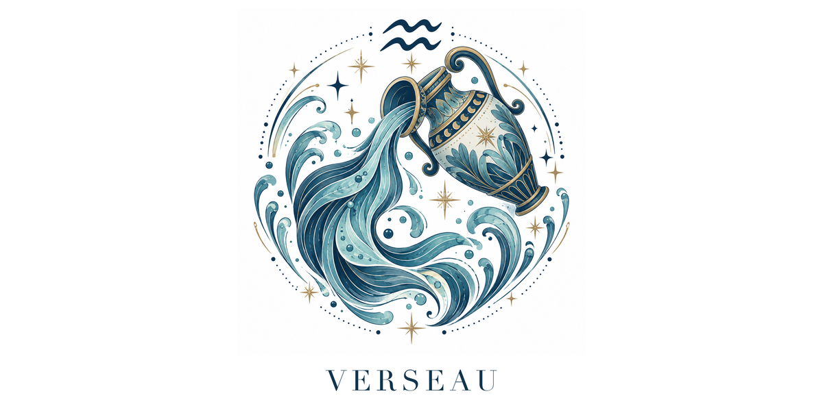 Visuel à plat du mug Verseau Zodiaque Céleste : une amphore d'où s'écoulent des flots en volutes, symbole ♒ et nom VERSEAU