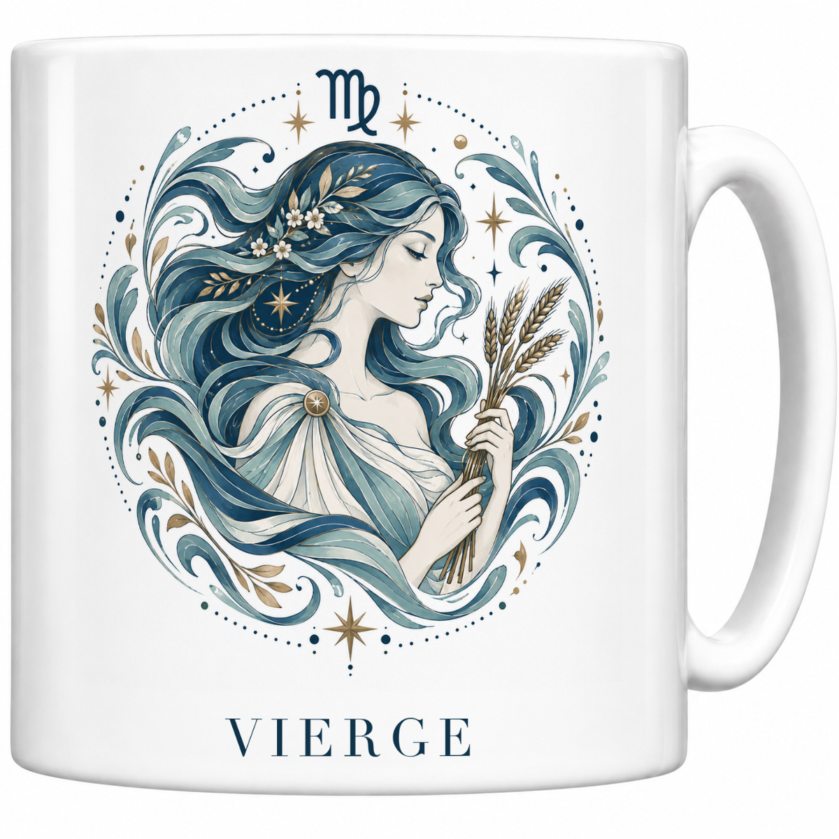 Mug blanc céramique 330 ml signe Vierge ♍ : illustration céleste bleu et or, nom VIERGE en capitales