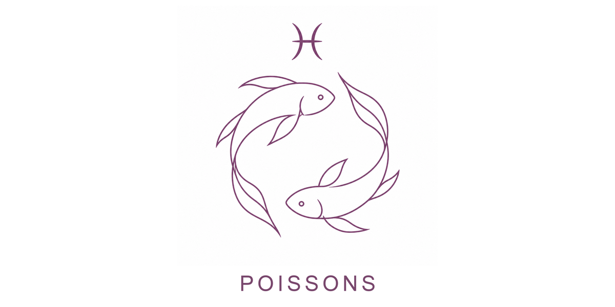 Visuel à plat du mug Poissons Zodiaque Minimaliste : deux poissons enlacés nageant en sens contraire, symbole ♓ et nom POISSONS